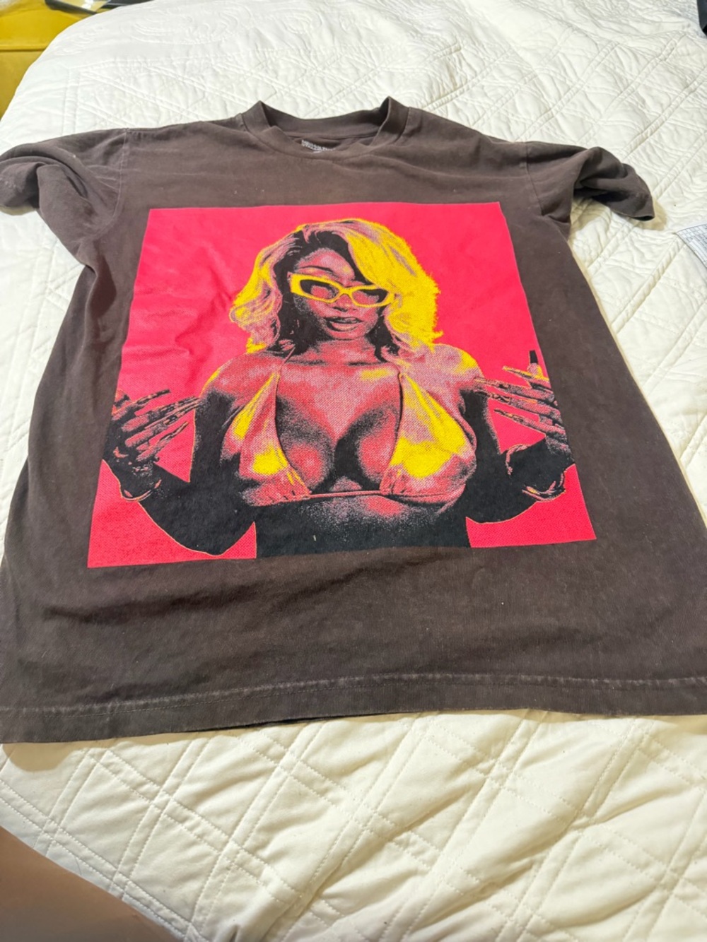 Megan Thee Stallion Black Graphic Women’s Tee with Pink and Yellow Pop Art Print
